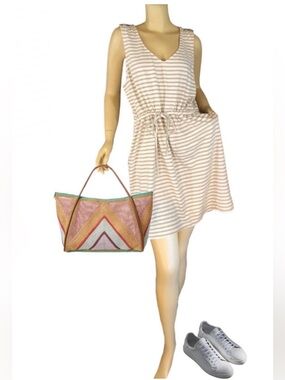 J. CREW COTTON KNIT DRAWSTRING WAIST BEIGE AND WHITE STRIPED CASUAL DRESS (XL)